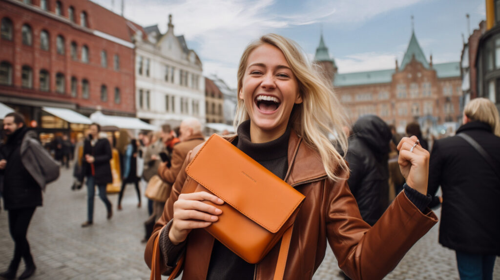 Emotional selling_Kvinde er glad over køb af taske