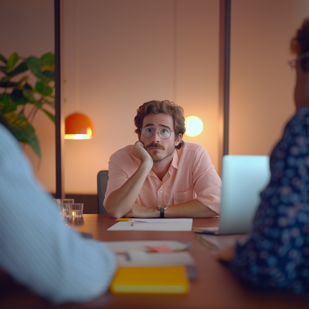 Marketingprofessionel sidder forvirret i et møde En marketingprofessionel ser forvirret ud under et møde – et øjebliksbillede, mange kan genkende, når buzzwords og strategisnak flyver om ørerne. Marketingordbogen hjælper dig med at forstå begreberne, så du kan følge med og tage ordet med selvtillid.